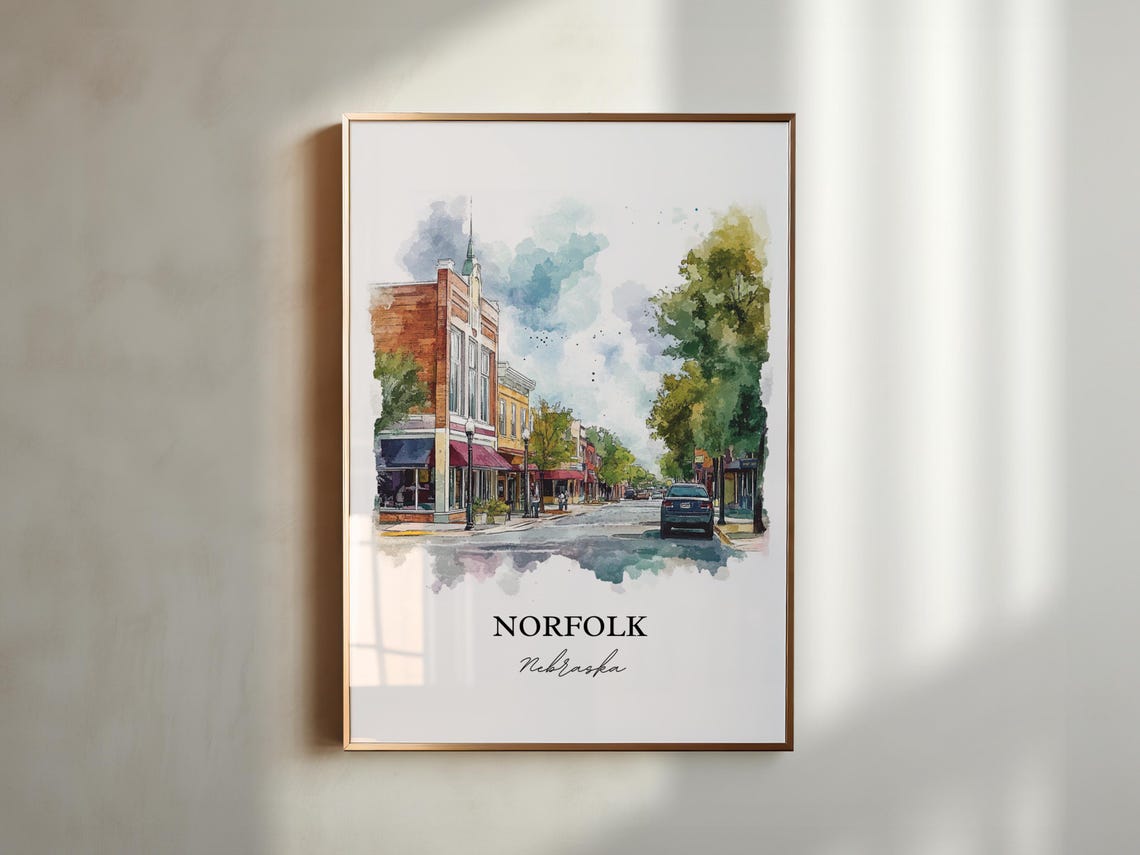 Norfolk Nebraska Charming Downtown Street Scene Watercolor Poster - Image 4