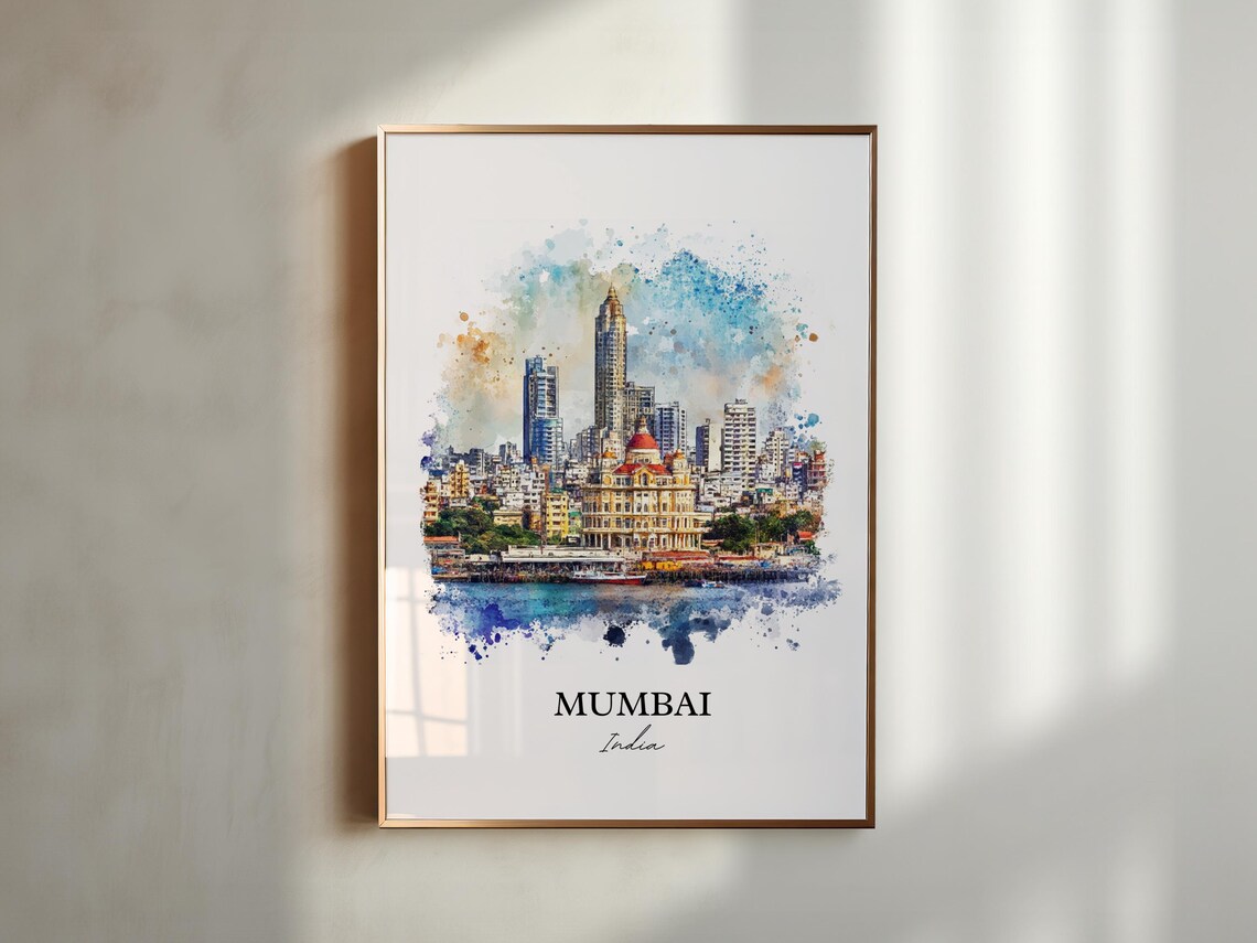 Mumbai India Watercolor Skyline Colonial Towers Bay Art Poster - Image 3