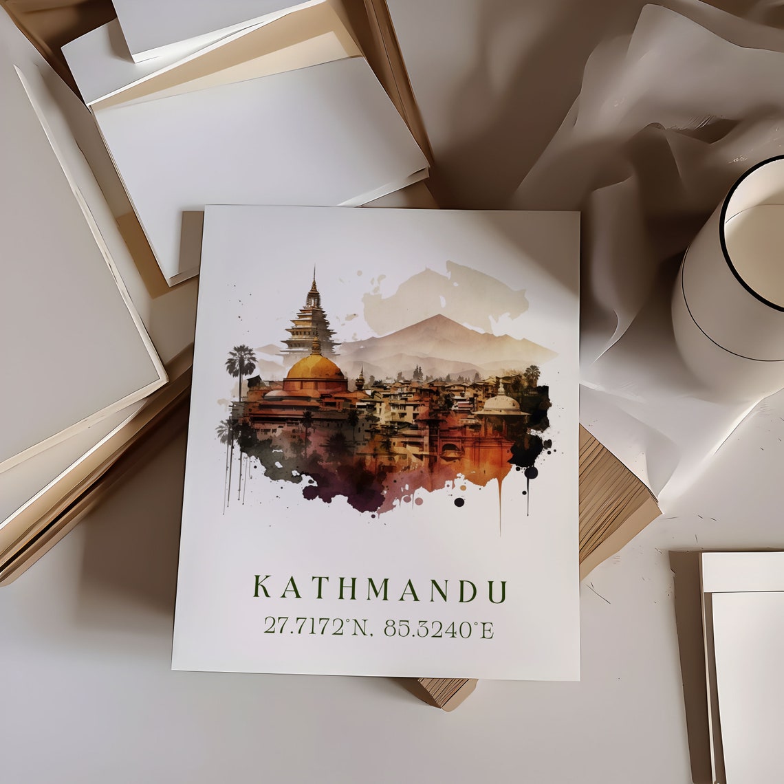 Kathmandu Nepal Temple Watercolor Travel Art Poster With Coordinates - Image 7