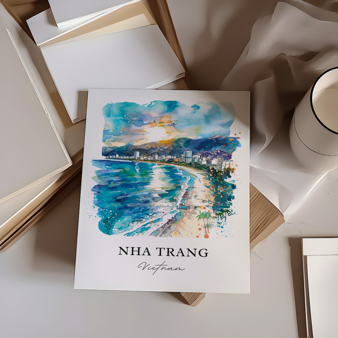 Nha Trang Vietnam Watercolor Turquoise Beach Bay Scene Poster - Image 6