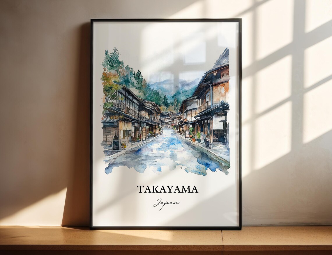Takayama Japan Watercolor Old Town Street Wooden Houses Poster