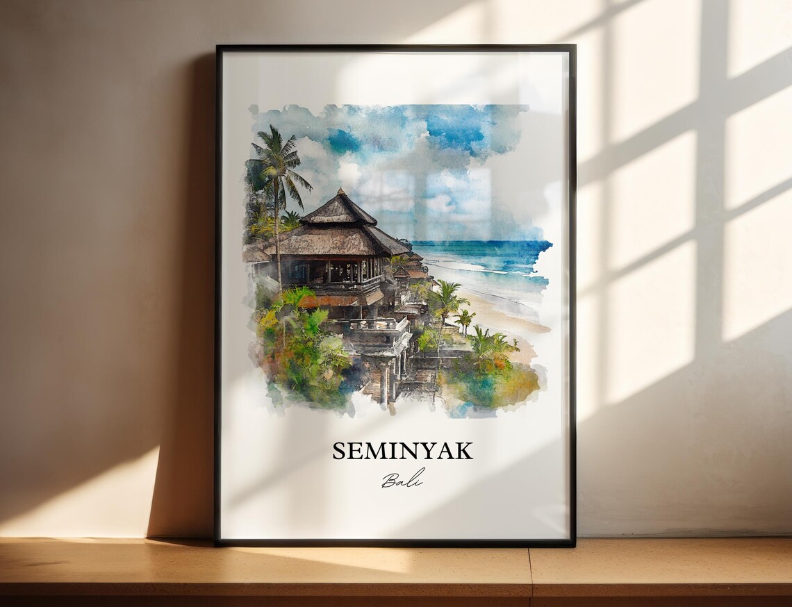 Seminyak Bali Watercolor Beach Temple Ocean Sunset Coast Poster