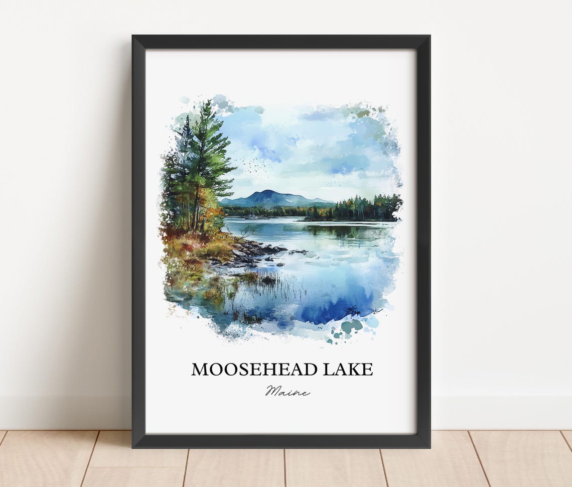 Moosehead Lake Maine Pine Shoreline Mountain Watercolor Poster - Image 2