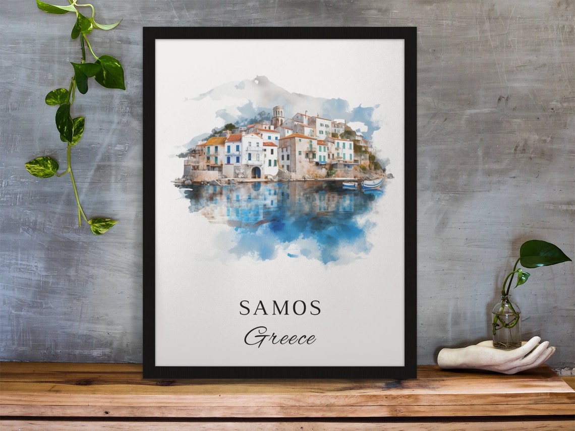 Samos Greece Harbor Town Reflection Watercolor Island Travel Poster - Image 3