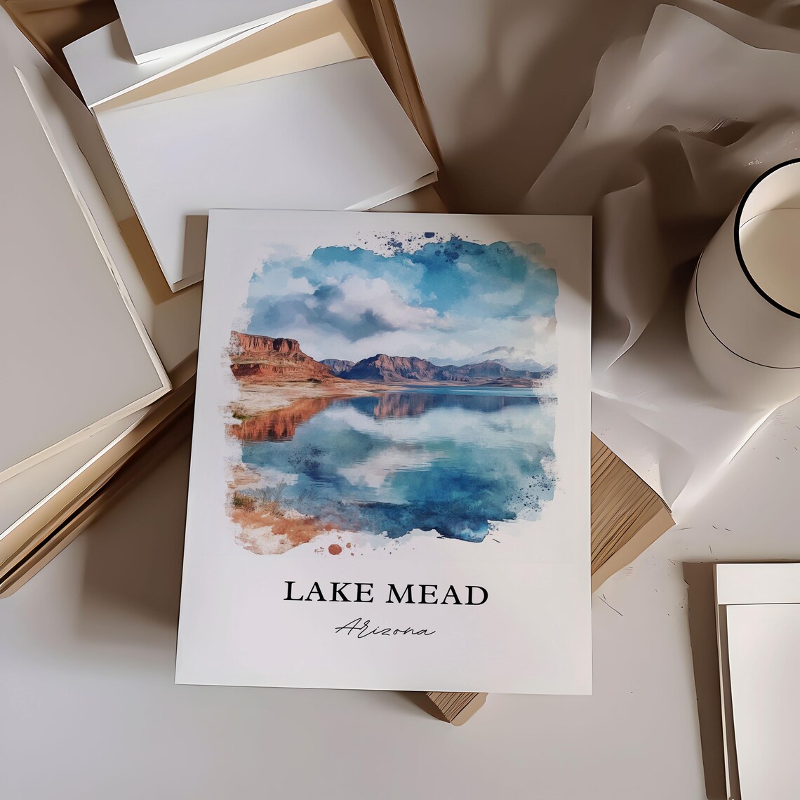 Lake Mead Arizona Red Rock Cliffs Desert Lake Watercolor Travel Poster - Image 4
