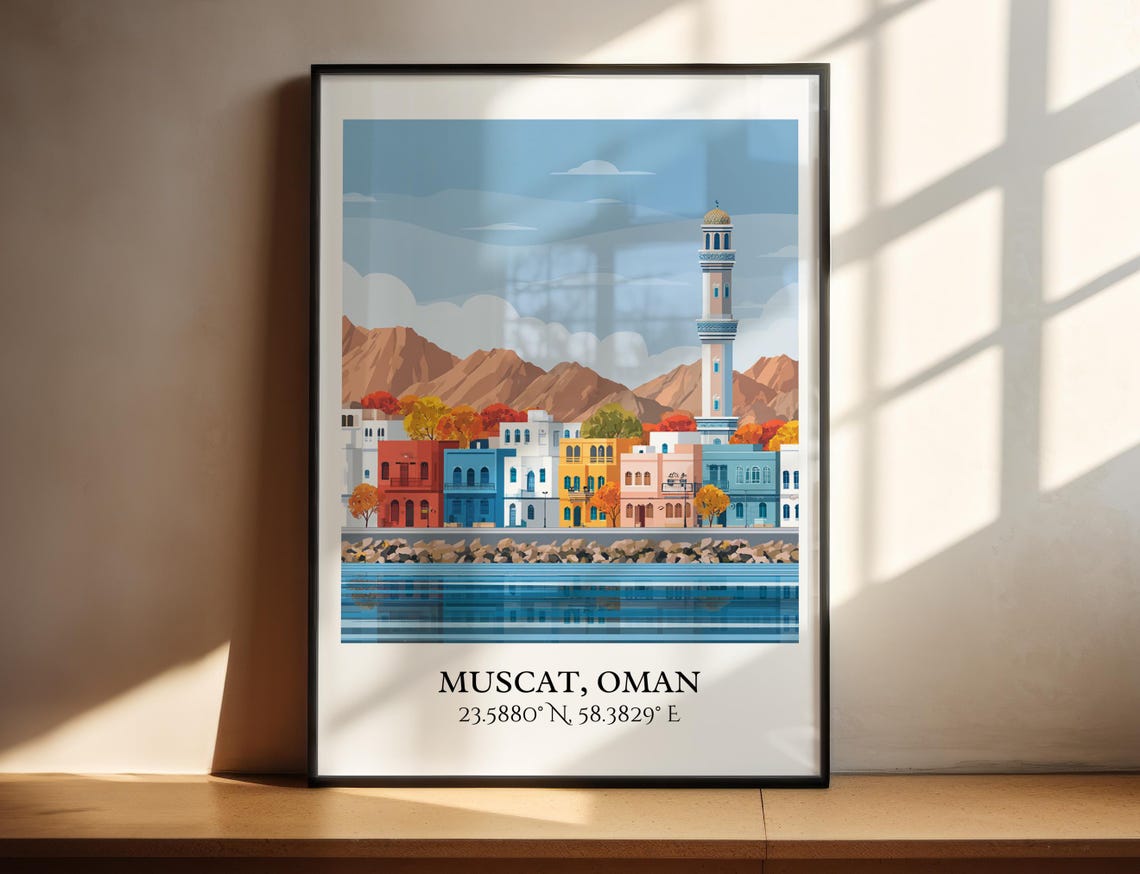 Muscat Oman Waterfront Corniche Minaret Mountain Travel Poster
