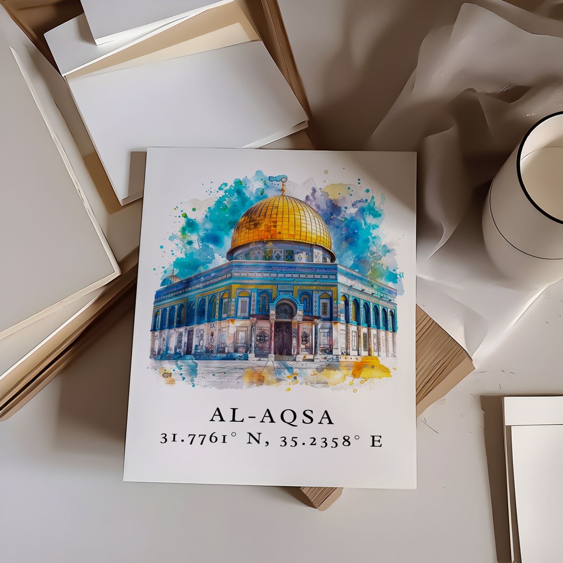 Al Aqsa Mosque Dome Watercolor Jerusalem Coordinates Travel Poster - Image 6