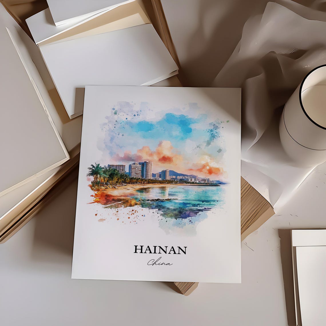 Hainan China Watercolor Beach Skyline Tropical Sunset Poster - Image 4