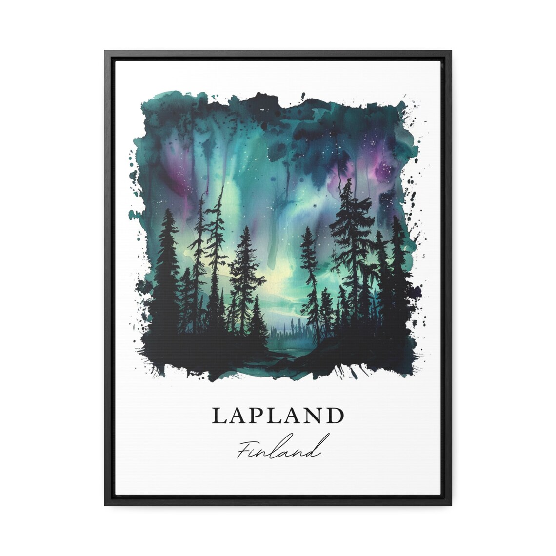 Lapland Finland Northern Lights Forest Watercolor Travel Poster - Image 3