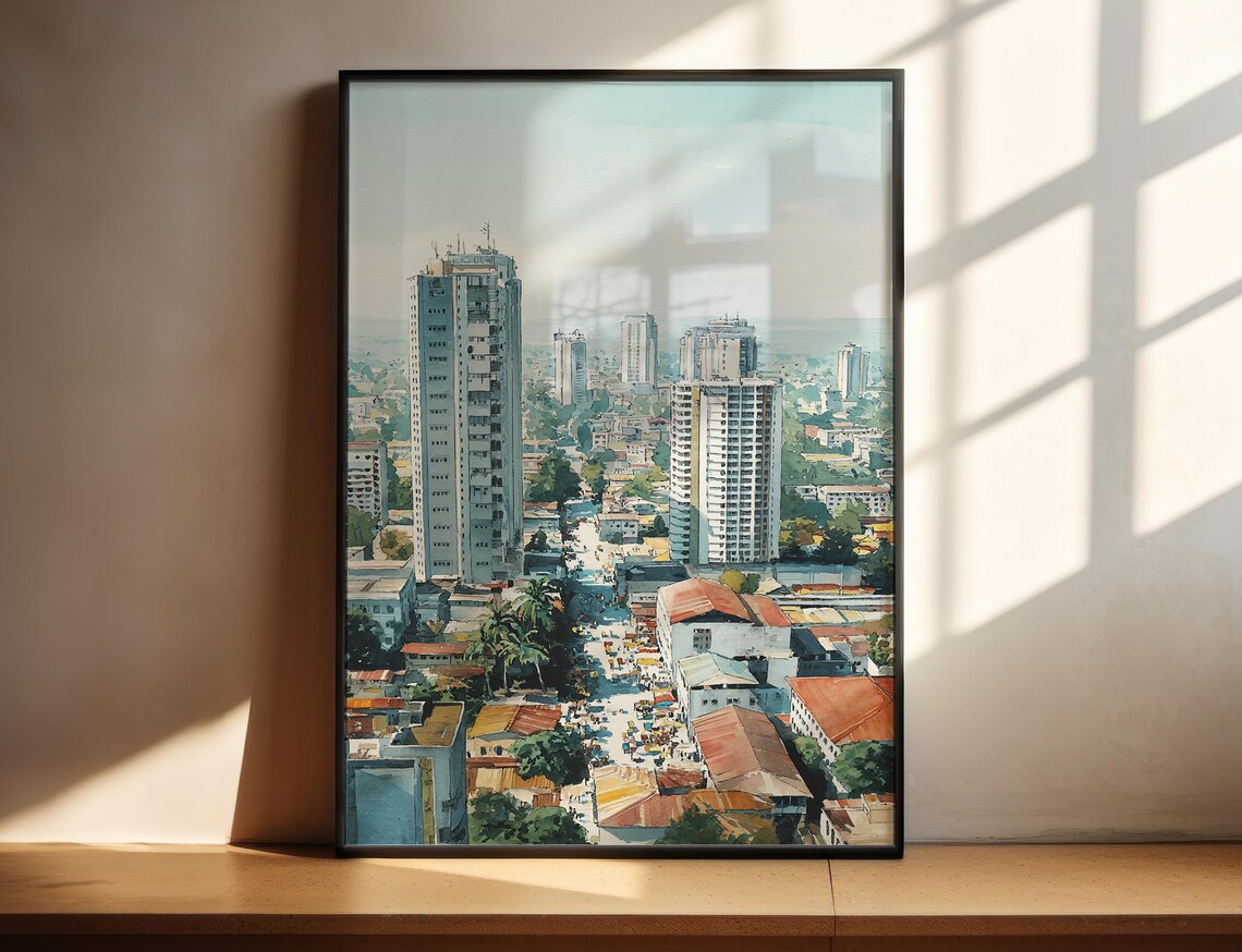 Busy Towering City Skyline Watercolor Urban Cityscape Art Poster