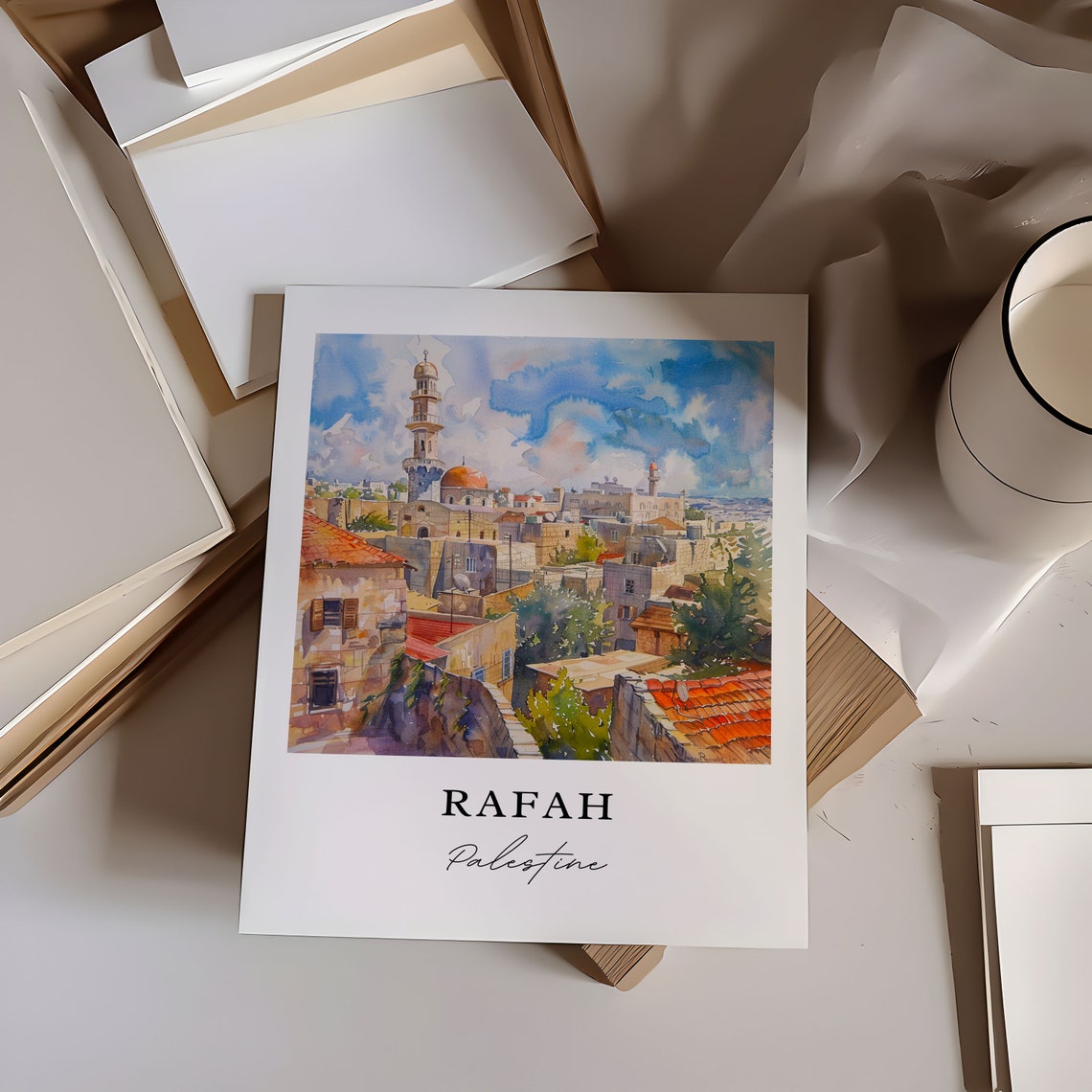 Rafah Palestine Watercolor Old City Mosque Minaret Travel Poster - Image 6