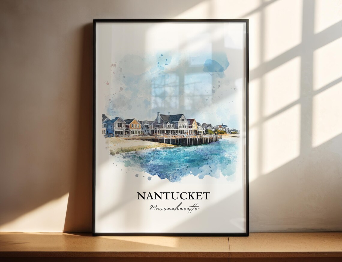 Nantucket Massachusetts Watercolor Waterfront Houses Scene Poster