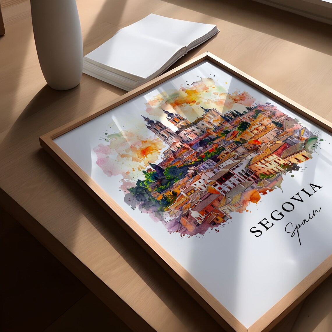 Segovia Spain Watercolor Cathedral Hill Terracotta Roofs Poster - Image 5