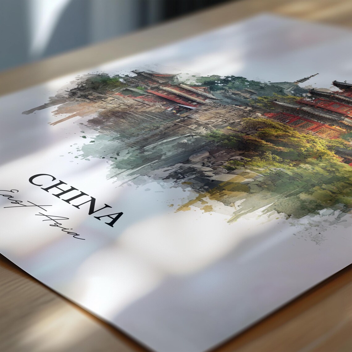 China East Asia Red Pagoda Temple Hill Watercolor Travel Poster - Image 6