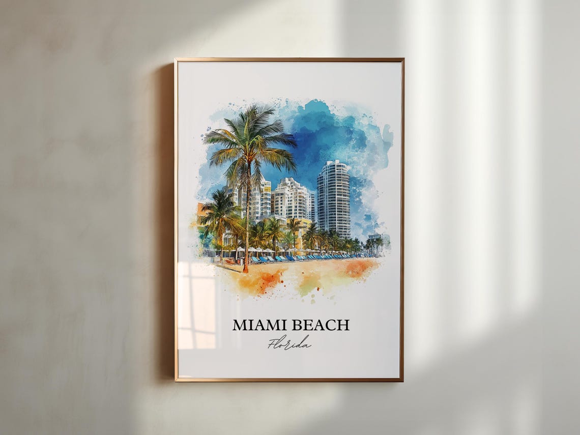 Miami Beach Florida Watercolor Palm Skyline Beach Scene Poster - Image 5