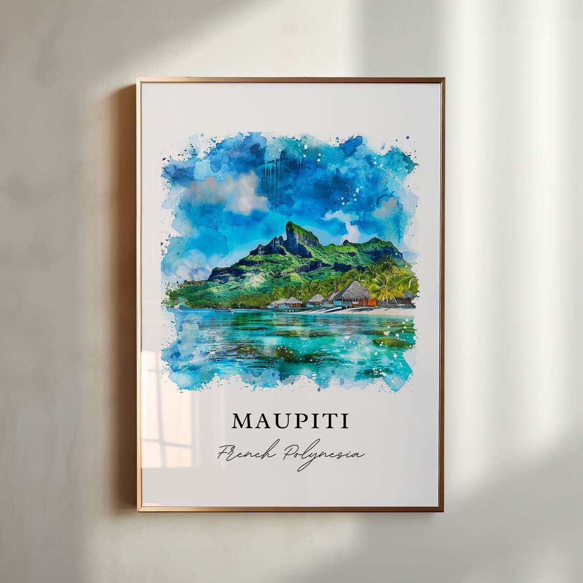 Maupiti French Polynesia Watercolor Island Bungalows Travel Poster