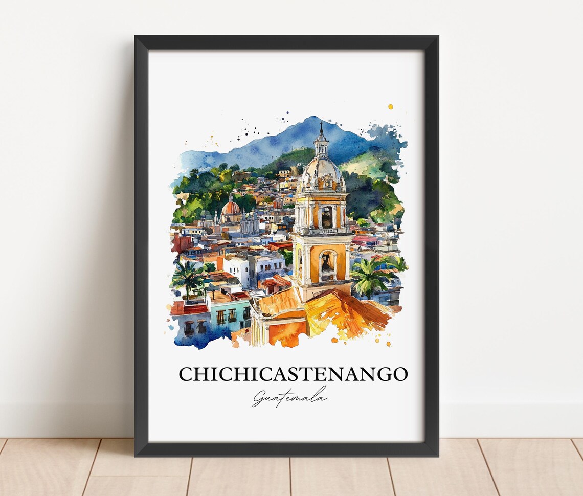 Chichicastenango Guatemala Church Tower Watercolor Scenic Poster - Image 3