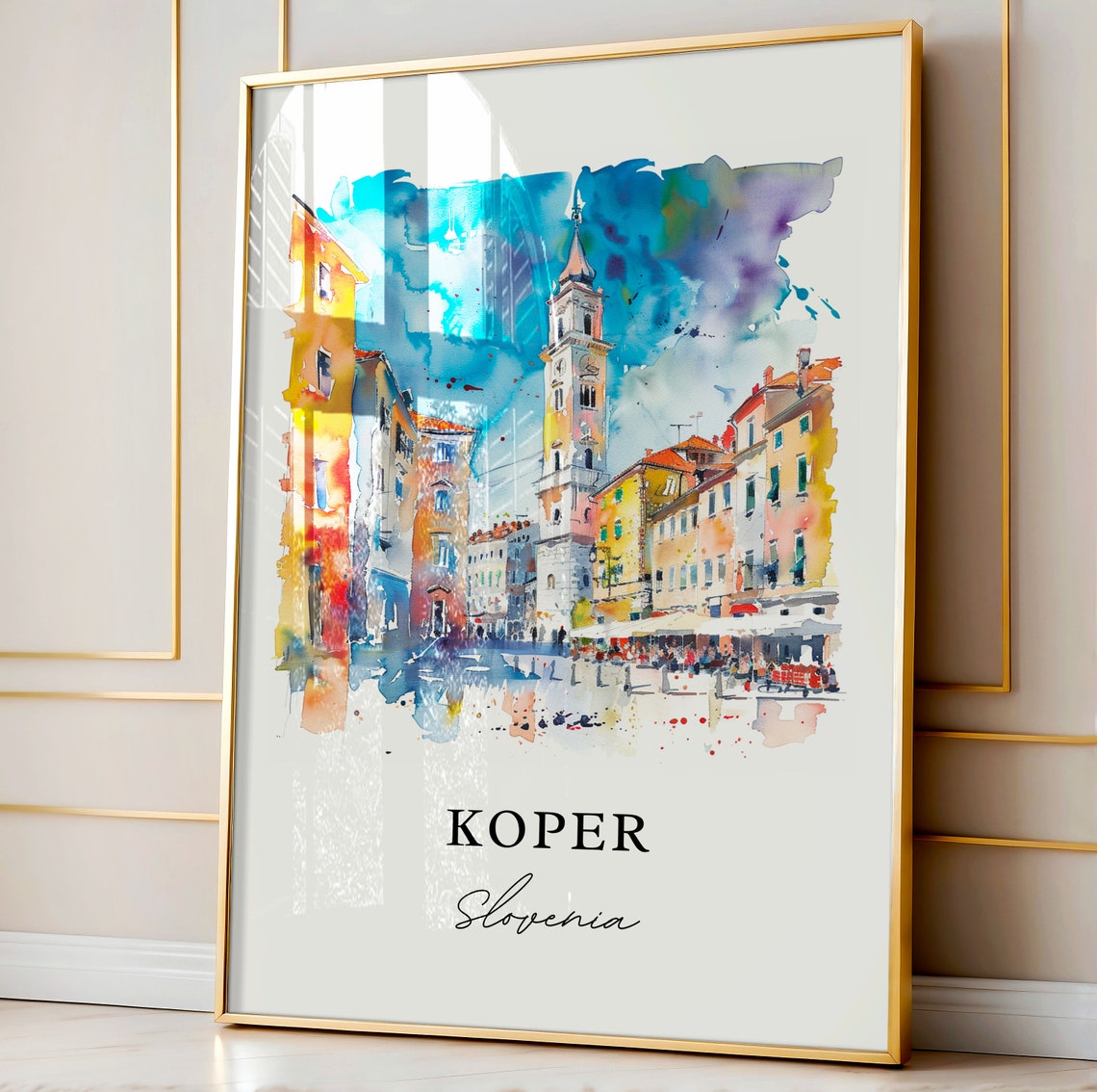 Koper Slovenia Colorful Plaza Bell Tower Watercolor Town Poster - Image 4