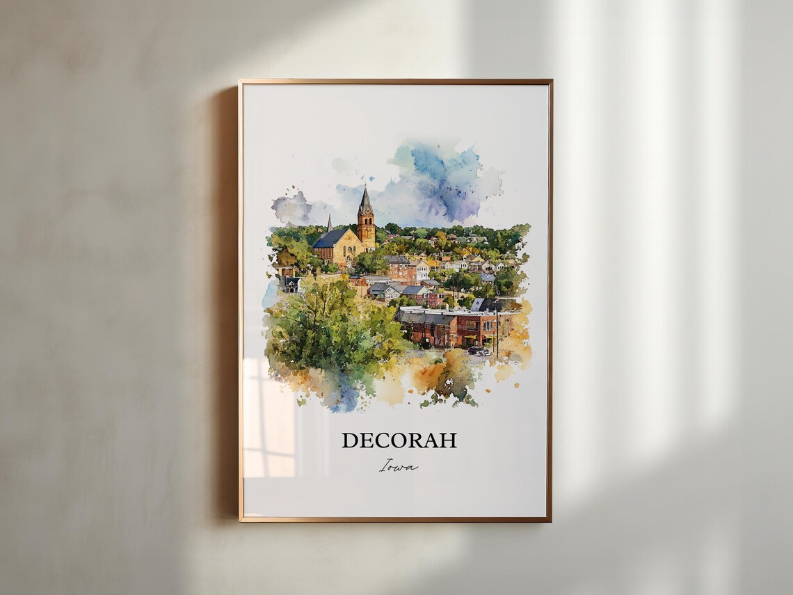 Decorah Iowa Church Spire Overlooking Town Watercolor Travel Poster - Image 2