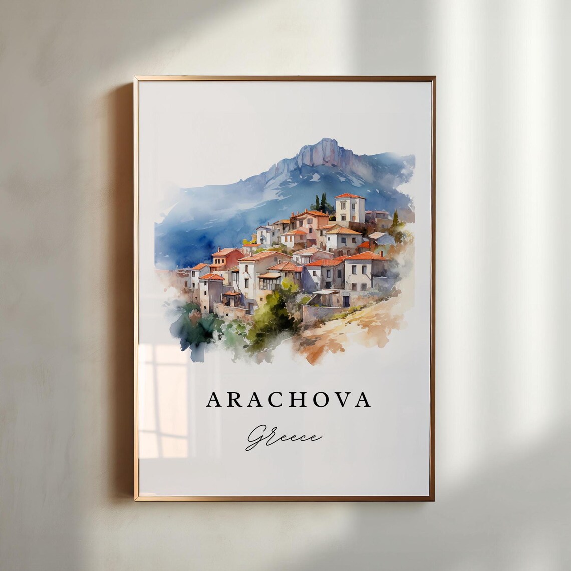 Arachova Greece Mountain Village Watercolor Hillside Town Poster