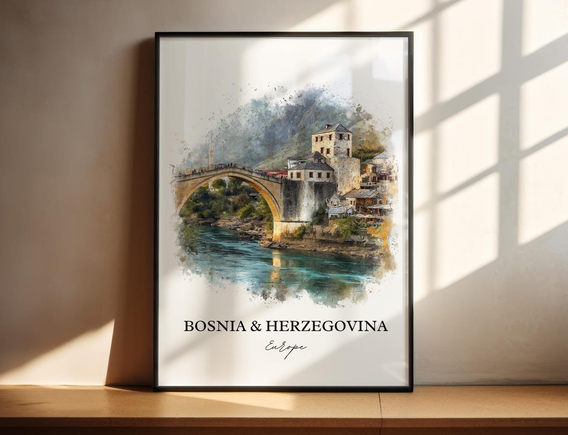 Bosnia Herzegovina Stari Most Bridge Watercolor River Landscape Poster