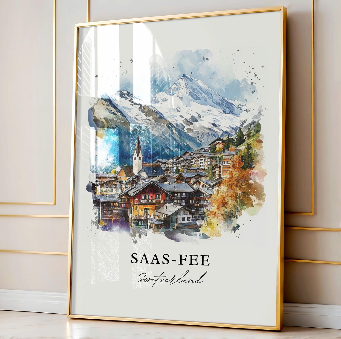 Saas Fee Switzerland Alpine Chalets Watercolor Snowy Peaks Poster - Image 3