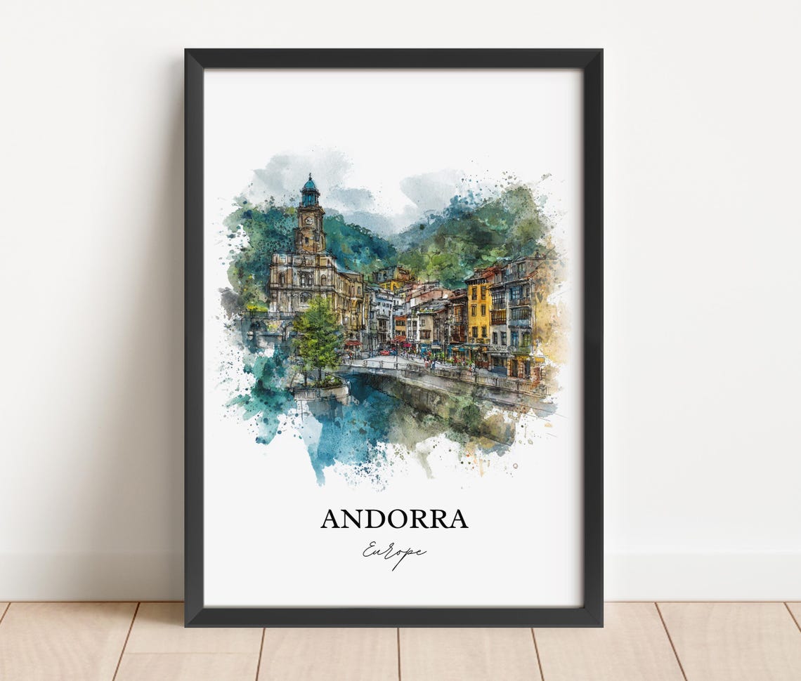 Andorra Old Mountain Town River Watercolor Europe Travel Poster - Image 2
