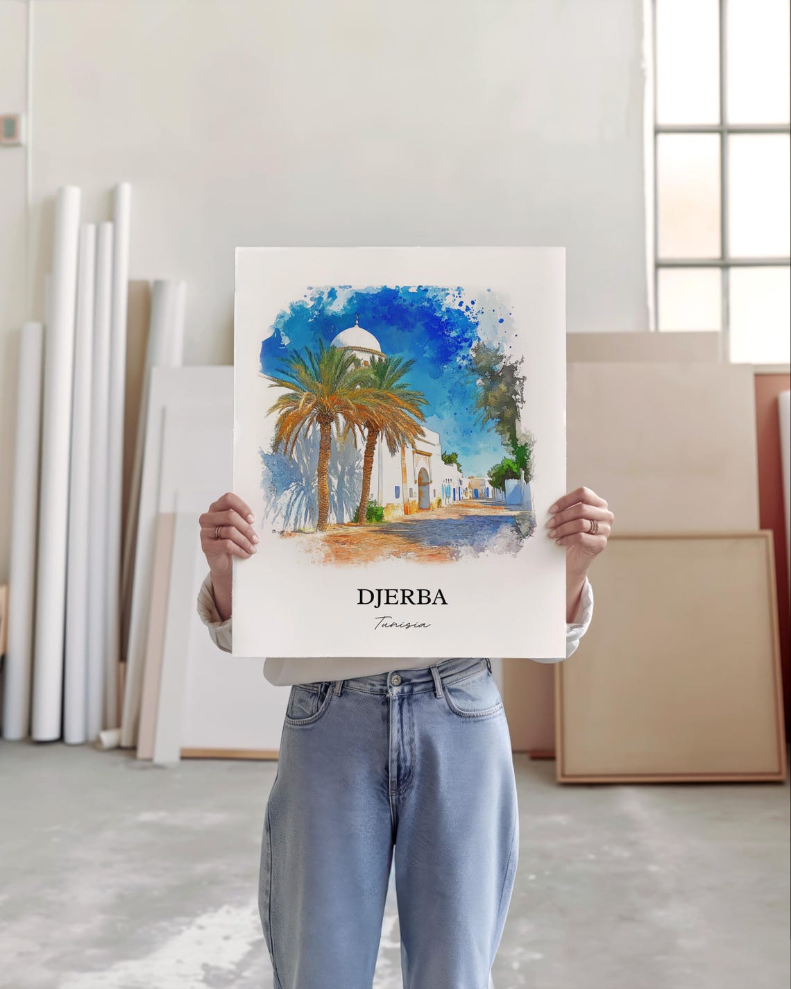 Djerba Tunisia White Mosque Palm Trees Watercolor Travel Poster - Image 4