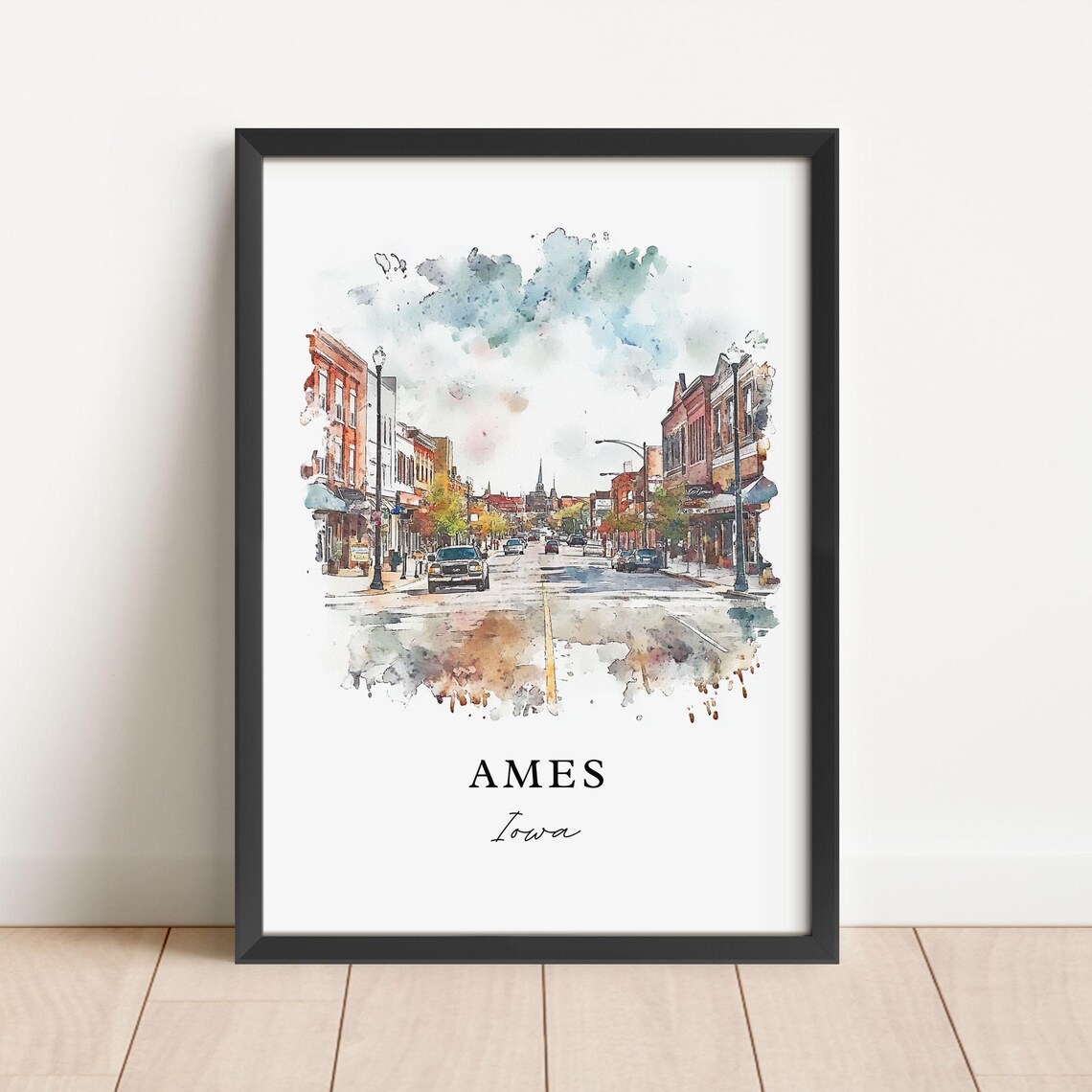 Ames Iowa Watercolor Travel Poster, Story County
