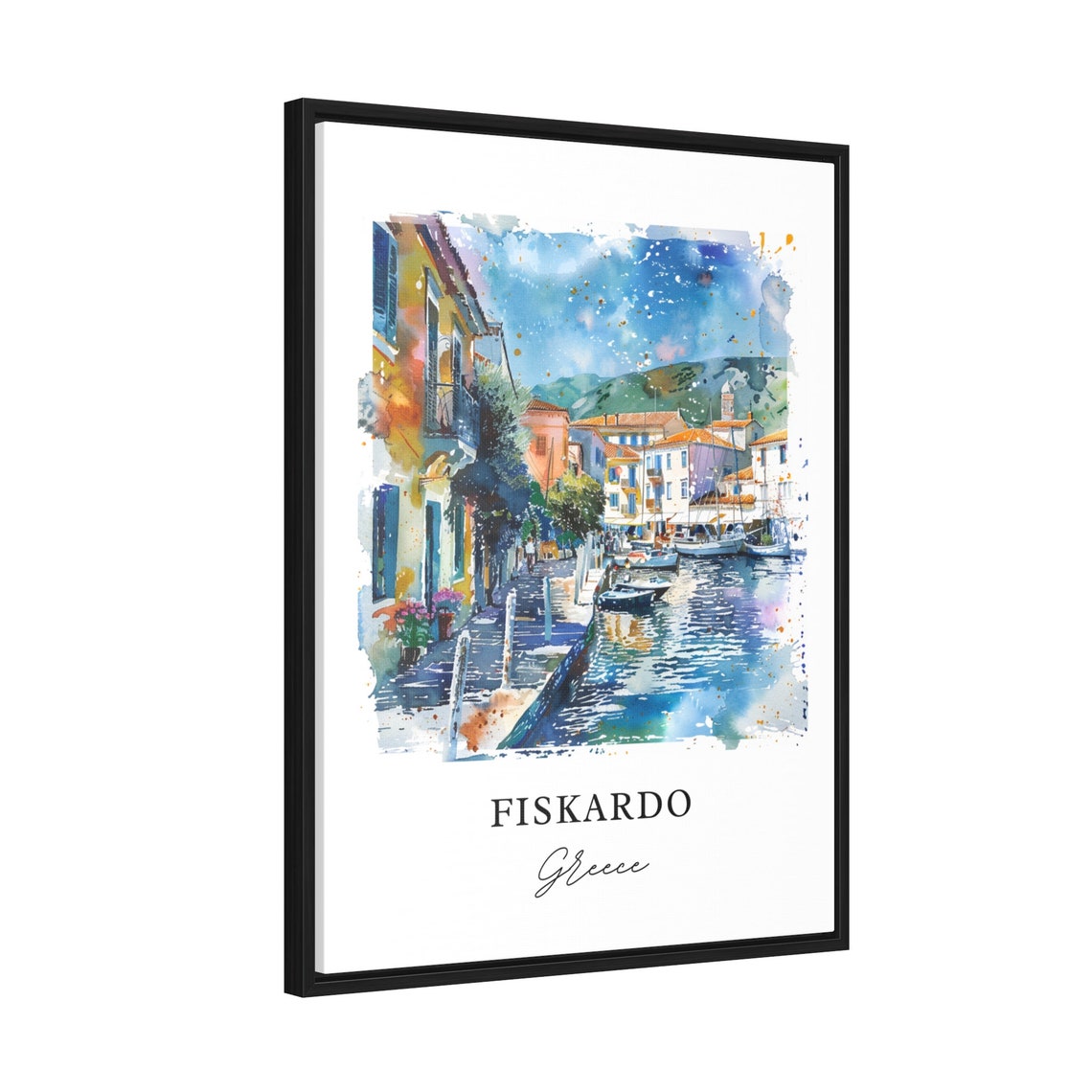 Fiskardo Greece Colorful Harbor Street Watercolor Travel Poster - Image 2