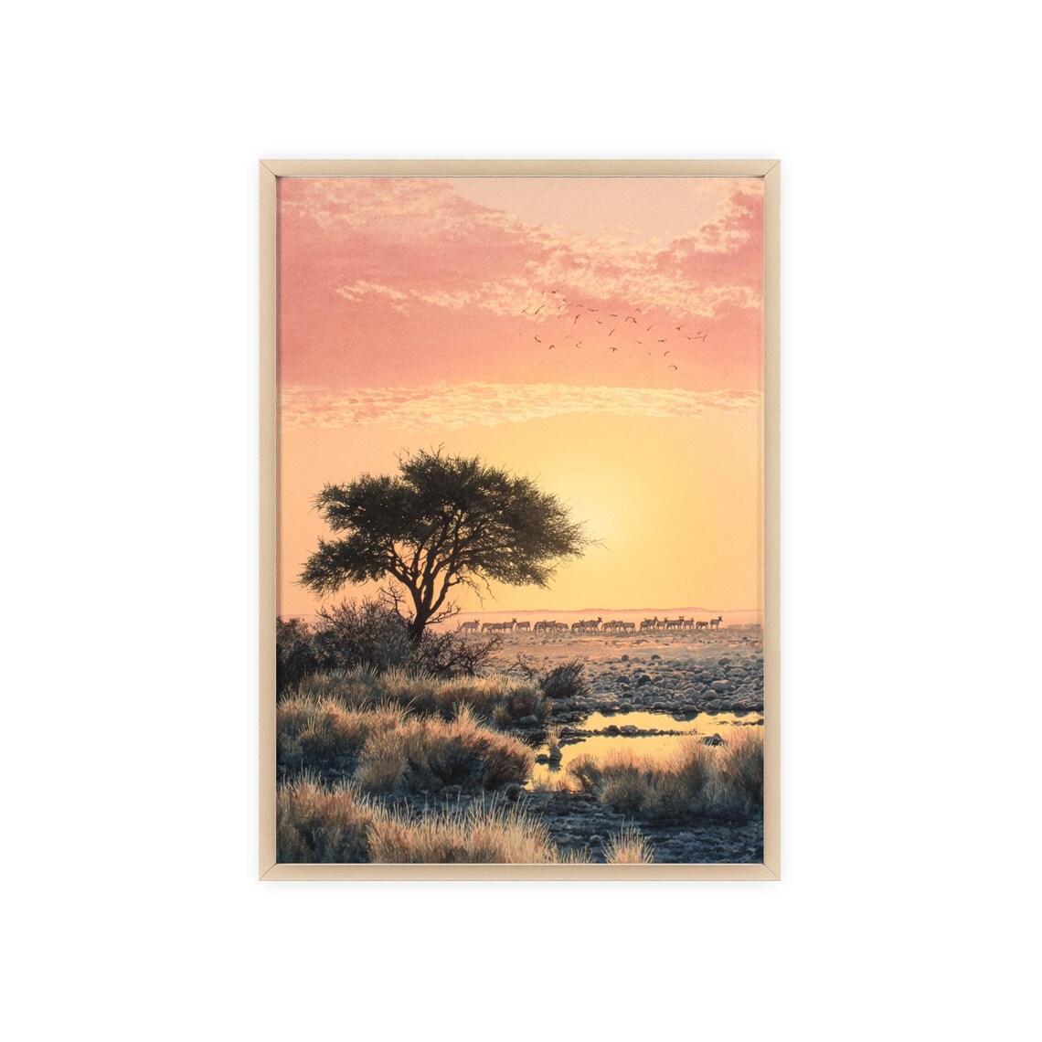 Etosha National Park Waterhole Sunset Watercolor Namibia Poster