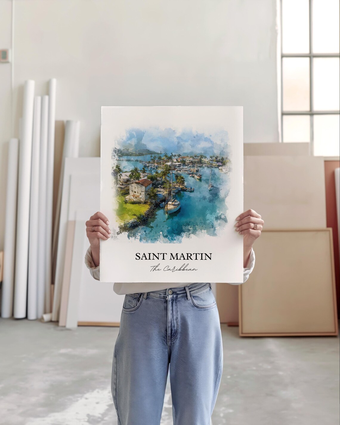 Saint Martin Caribbean Watercolor Sailboat Harbor Art Poster - Image 3