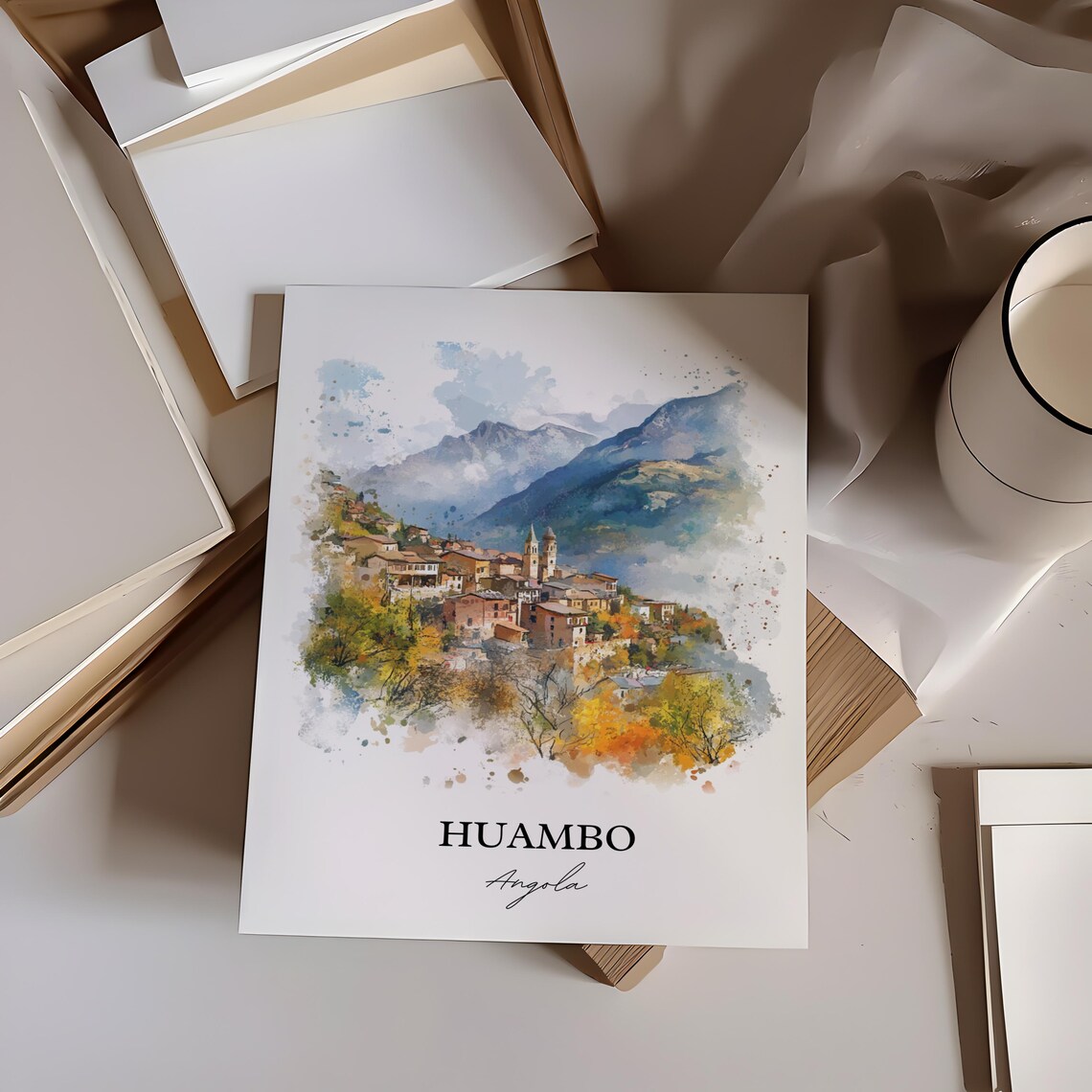 Huambo Angola Mountain Town Autumn Valley Watercolor Art Poster - Image 4