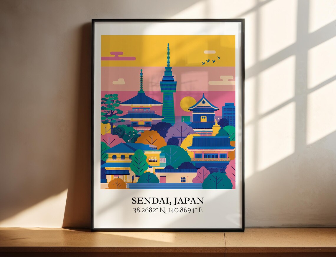 Sendai Japan Temple Pagoda Tower Golden Sunset Retro Travel Poster