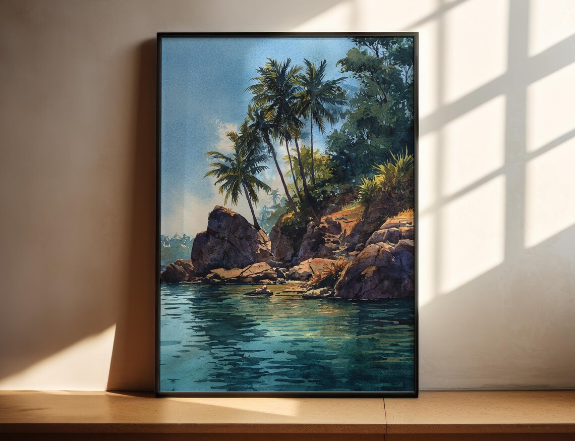 Tropical Island Palms Rocky Shore Watercolor Seaside Art Poster
