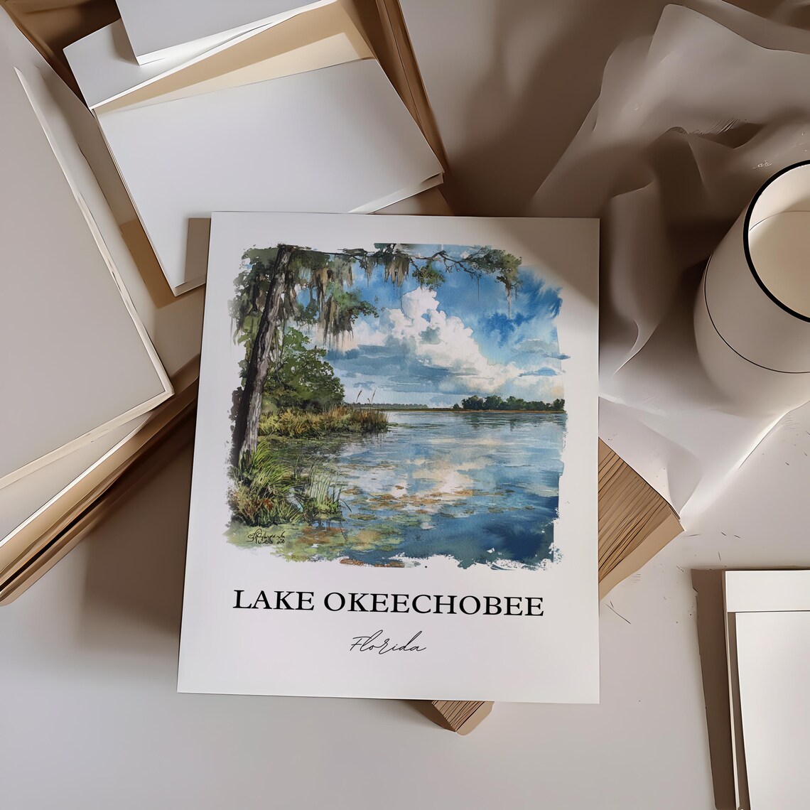 Lake Okeechobee Florida Cypress Lake Scenic Watercolor Poster - Image 3