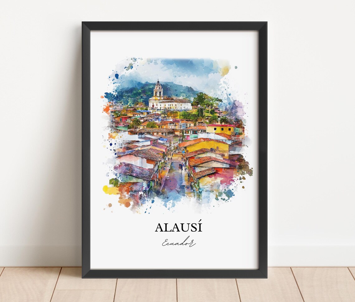 Alausi Ecuador Colonial Hillside Town Watercolor Travel Poster - Image 2