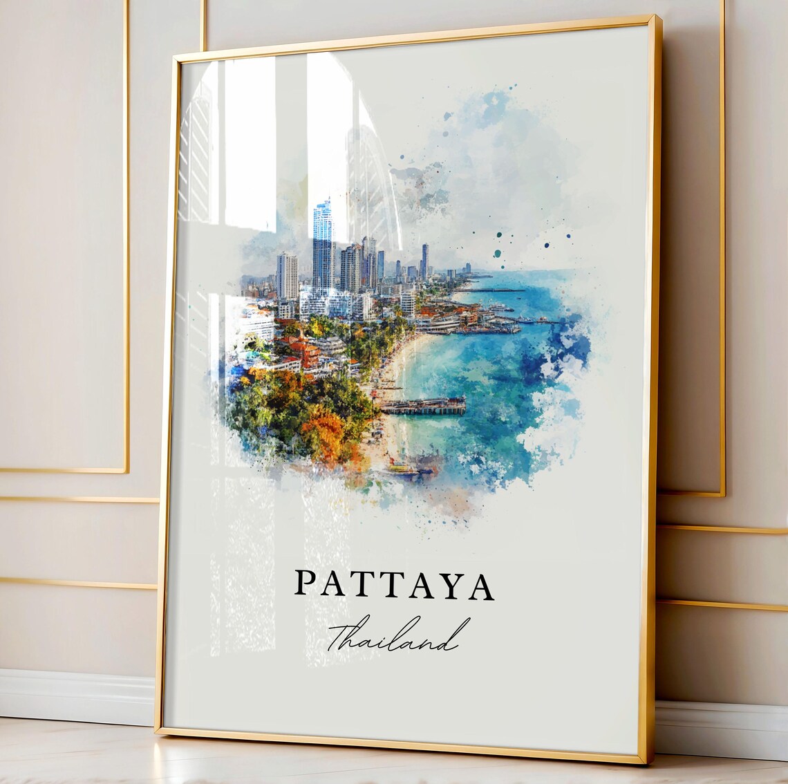 Pattaya Thailand Watercolor Beach Coast City Skyline Travel Poster - Image 4