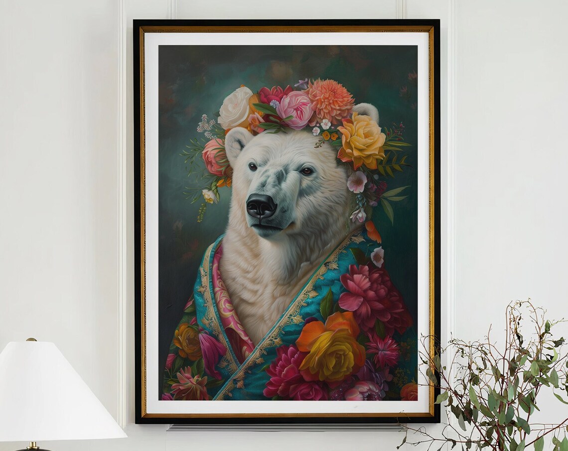 Sweet Polar Bear Flower Crown Portrait Floral Teal Cape Wall Art