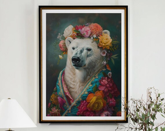 Sweet Polar Bear Flower Crown Portrait Floral Teal Cape Wall Art