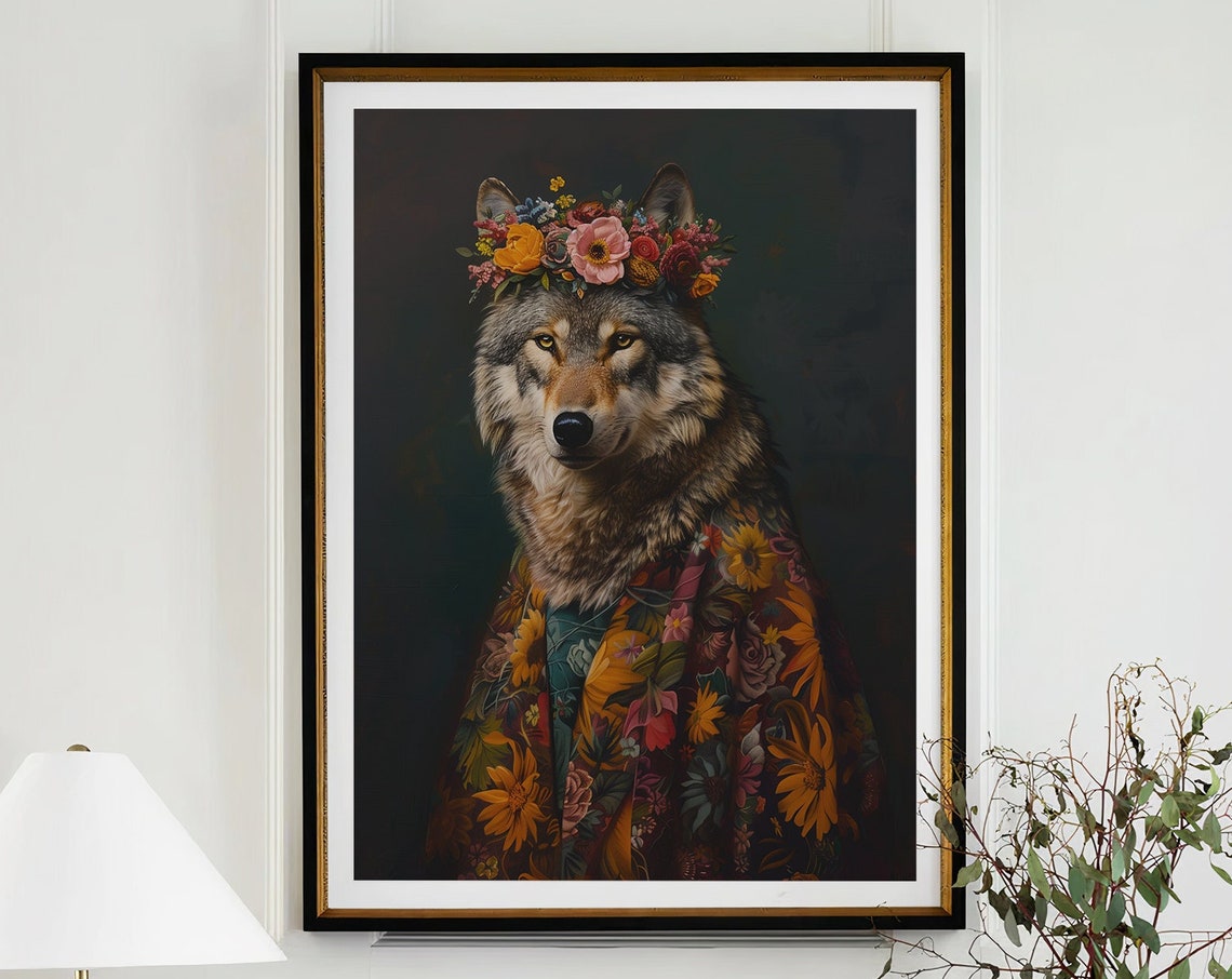 Wolf Flower Crown Maximalist Floral Robe Animal Portrait Wall Art - Image 3