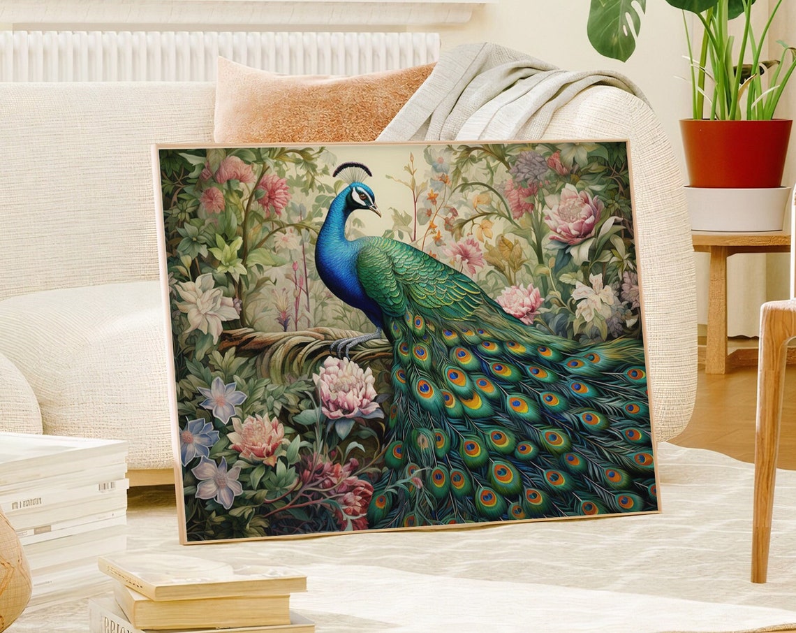 Peacock Displaying Tail In Soft Romantic Flower Garden Poster - Image 5