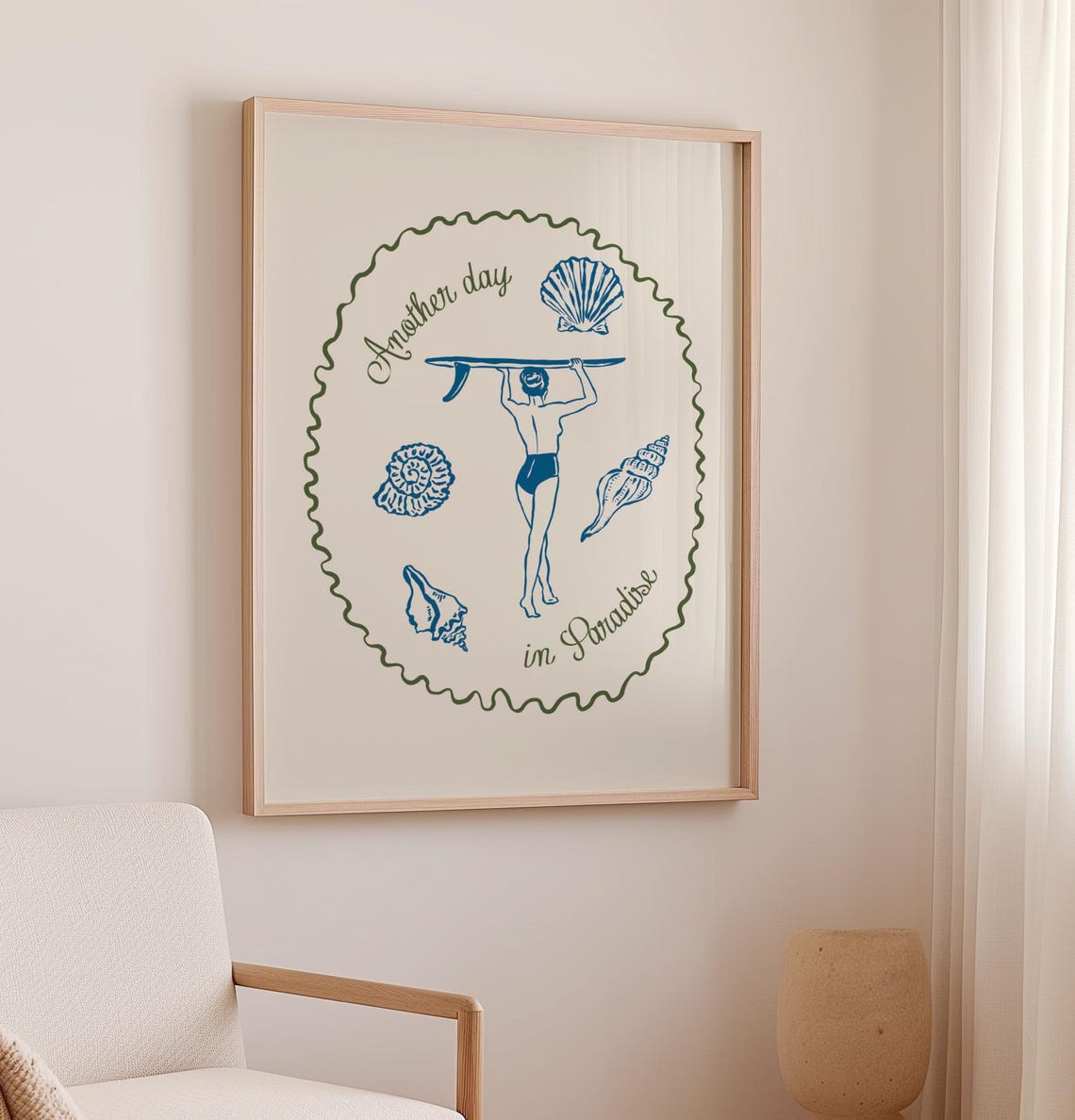 Another Day In Paradise Print Surfer Girl Seashells Coastal Green Art - Image 3