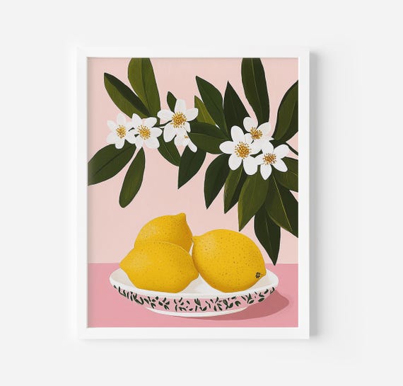 Lemons Art Print Lemons And Daisies Art Modern Wall Art Kitchen Wall Decor Pink Lemon Print Kitchen Decor Trendy Art