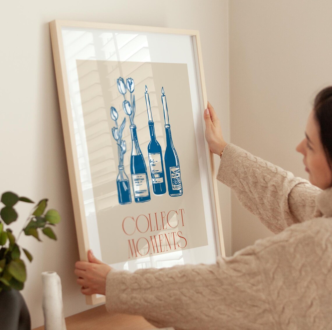 Collect Moments Print Blue Wine Bottles Tulips Candles Beige Kitchen Art - Image 4