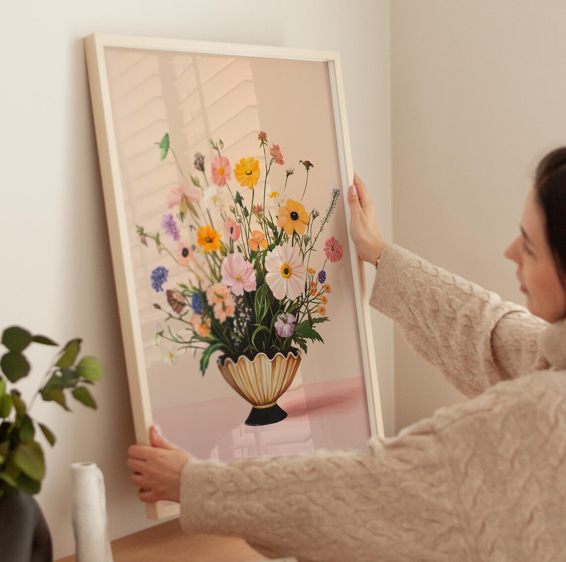 Wildflower Bouquet In Scalloped Gold Vase Soft Floral Wall Poster - Image 3