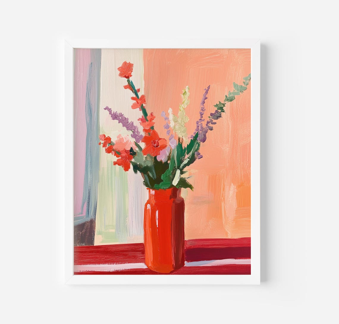 Bold Vibrant Red Wildflowers In Red Vase Warm Floral Art Poster