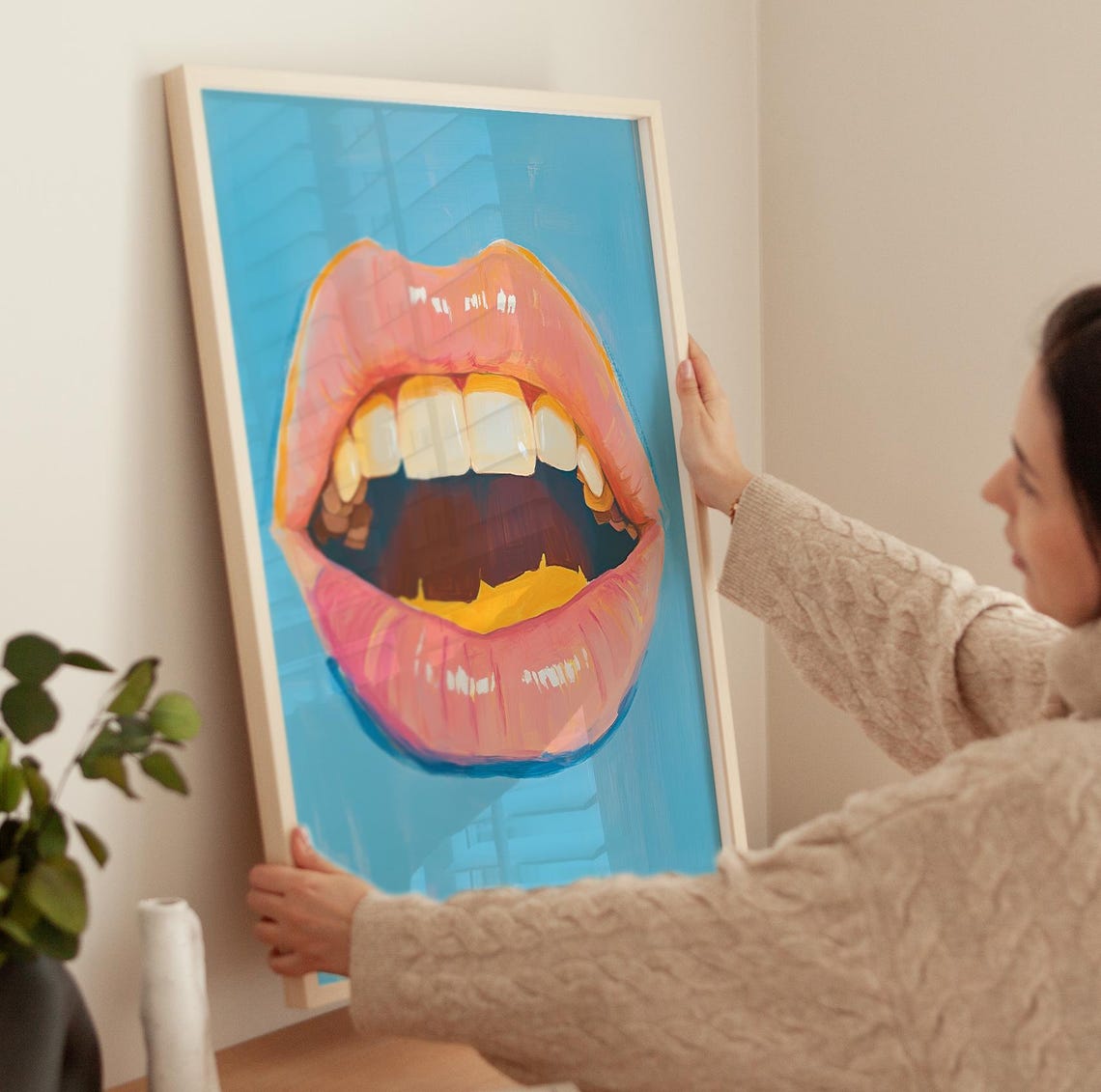 Glossy Pink Lips Open Mouth Retro Pop Art Style Vibrant Beauty Poster - Image 2