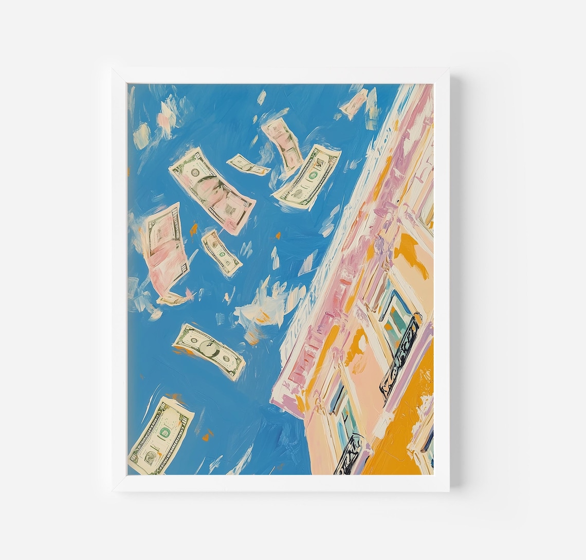 Money Raining From Blue Sky Over City Street Vibrant Preppy Art Poster