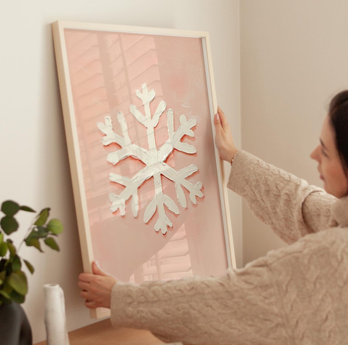 White Snowflake On Blush Pink Textured Winter Christmas Poster